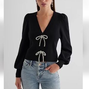 Express Bow V Neck Embellished Sweater Cardigan